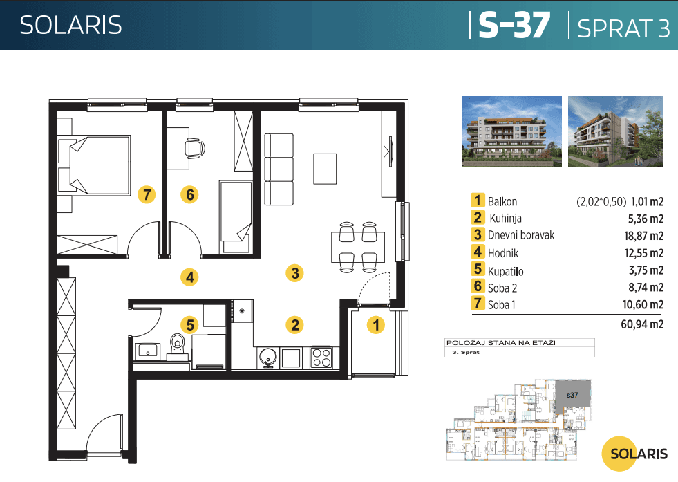 Novogradnja Solaris Sarajevo - Vogošća / Trosoban stan 60,94 m2